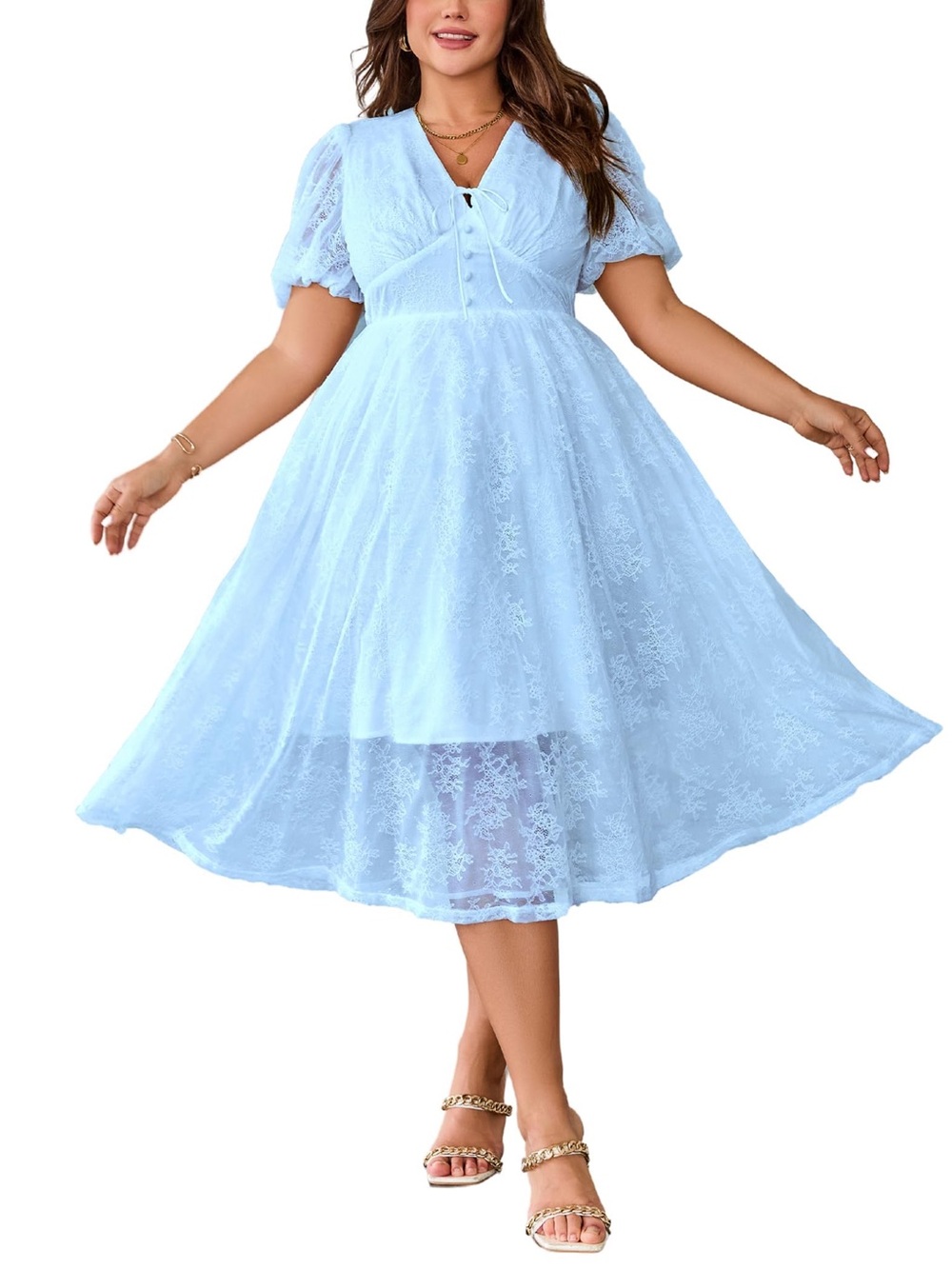 Light Blue Lace Midi Dress with Puff Sleeves